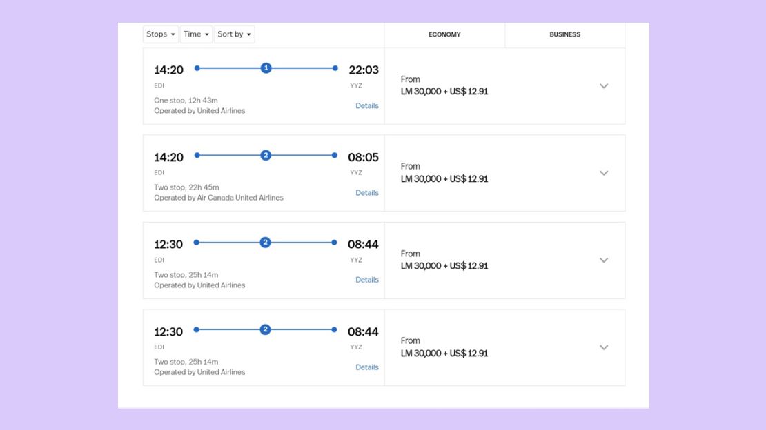 A screenshot showing mixed-carrier awards on the LifeMiles website