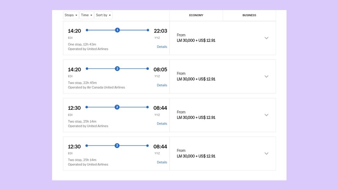 A screenshot showing mixed-carrier awards on the LifeMiles website