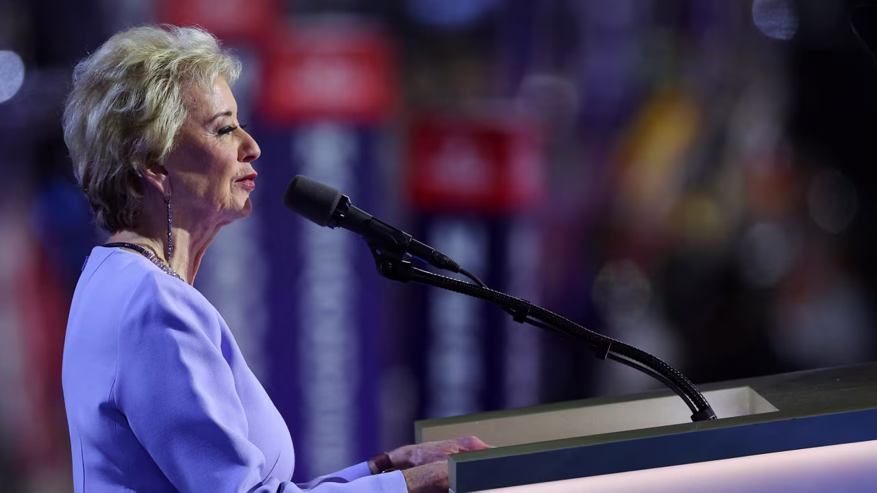 Linda McMahon, former Administrator of Small Business Administration, speaks on Day 4 of the Republican National Convention (RNC), at the Fiserv Forum in Milwaukee, Wisconsin, on July 18.