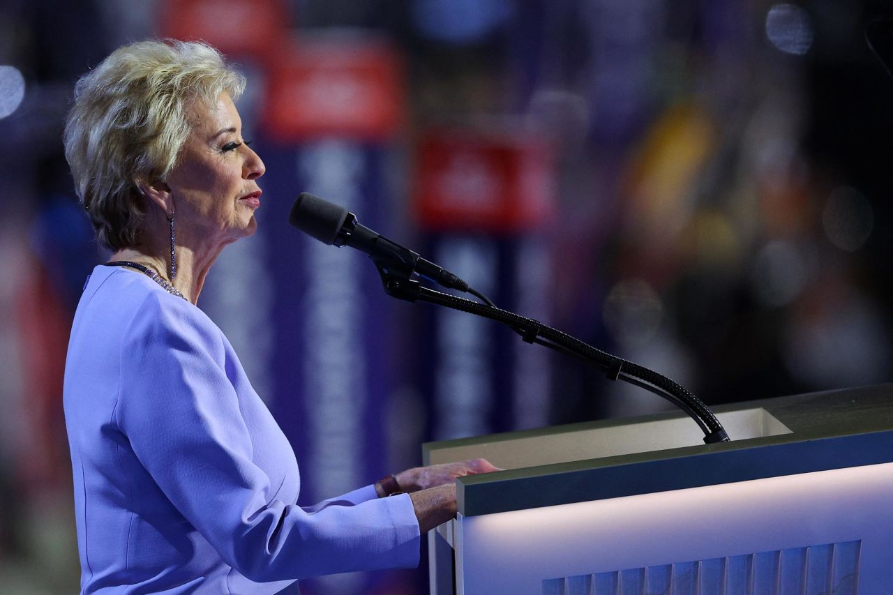 Linda McMahon, former Administrator of Small Business Administration, speaks on Day 4 of the Republican National Convention (RNC), at the Fiserv Forum in Milwaukee, Wisconsin, on July 18.