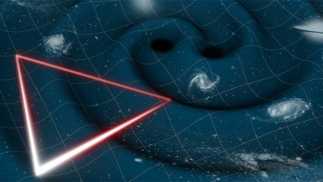 La ilustración muestra la configuración del triángulo láser de la misión LISA, que utiliza tres naves espaciales para detectar ondas gravitacionales, representadas provenientes de dos agujeros negros.
