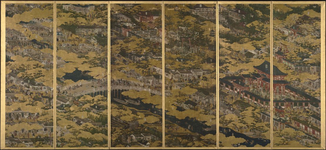 “Rakuchu Rakugai Zu Byobu” or "Scenes in and around Kyoto" (Funaki Version) was originally painted around 1615.