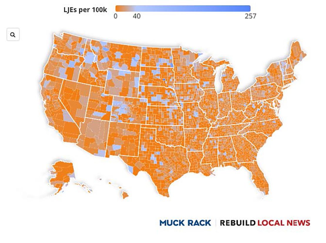 The Local Journalist Index 2025 maps the amount of working journalists per capita in each US county. The bluer counties have higher amounts of journalists; and the deeper the orange, the closer to zero.