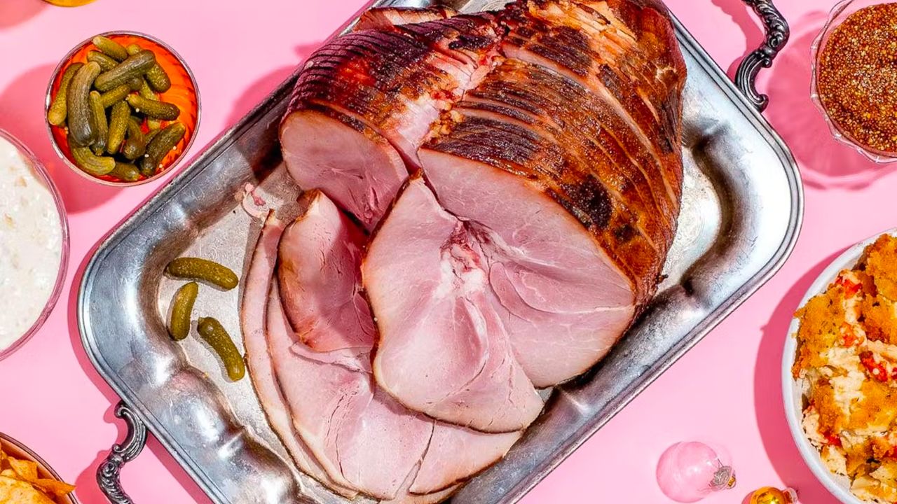 Honey-glazed ham served on a silver platter