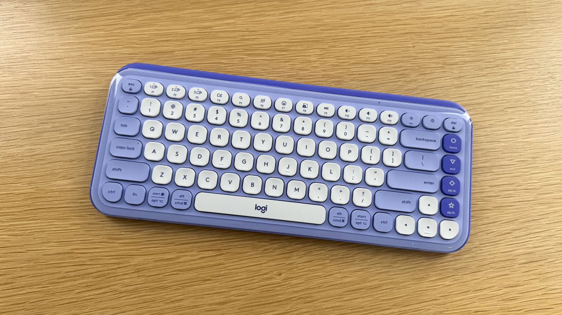 Lilac Logitech Pop Icon Keys keyboard at an angle