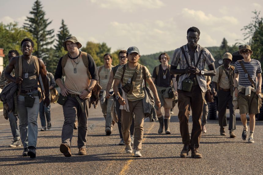 (from left) David Jonsson, Cooper Hoffman, Jordan Gonzalez, Ben Wang and Tut Nyuot in "The Long Walk."