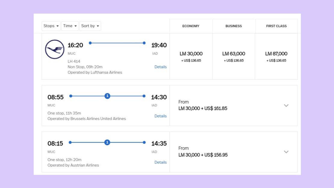 A screenshot showing Lufthansa award tickets on the LifeMiles website