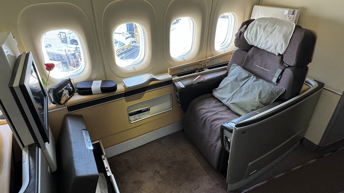A photo of a Lufthansa first class seat on a Boeing 747-8