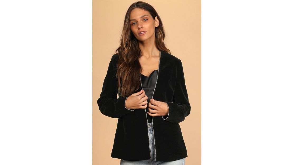 Sophisticated Glam Black Velvet Rhinestone Blazer