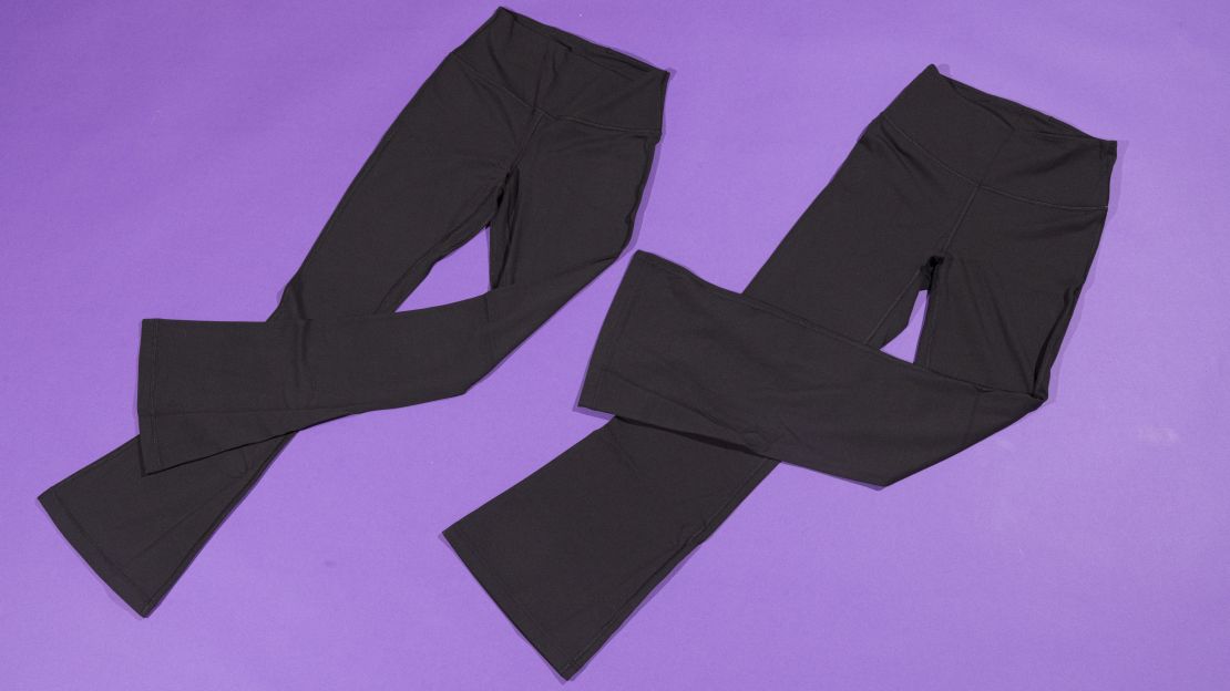 Lululemon Align pants on the left and Lululemon Groove pants on the right with purple background.