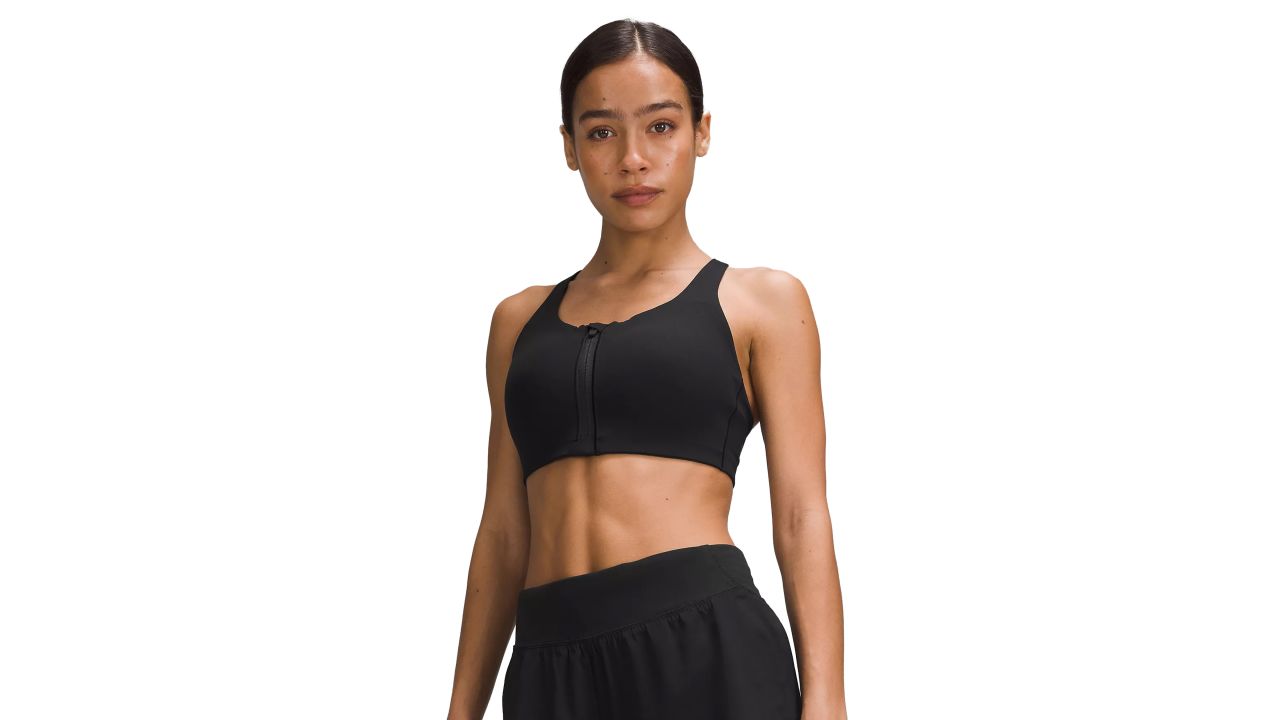 Woman wearing Lululemon energy bra in black