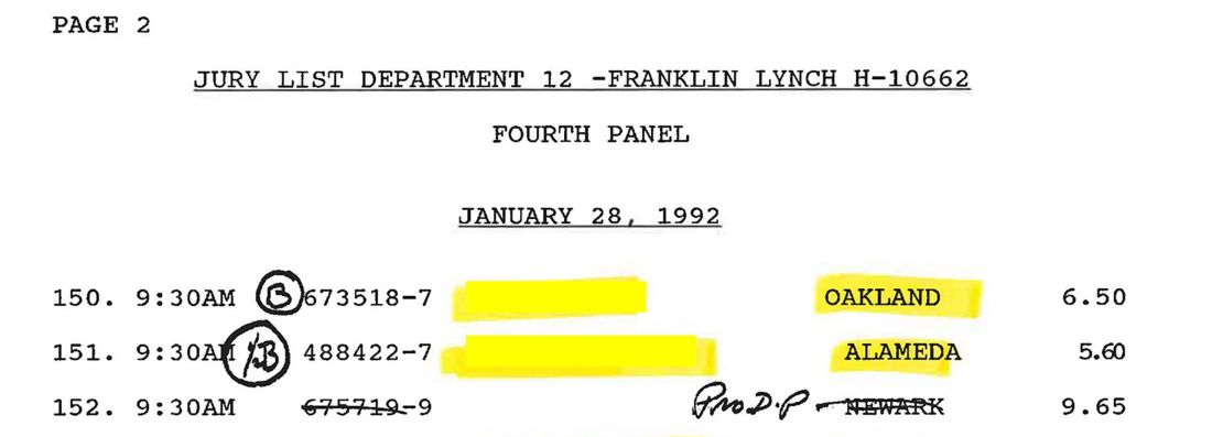 Notes about potential jurors are seen. Portions of the documents has been redacted by Brian Pomerantz to protect potential jurors' identities.