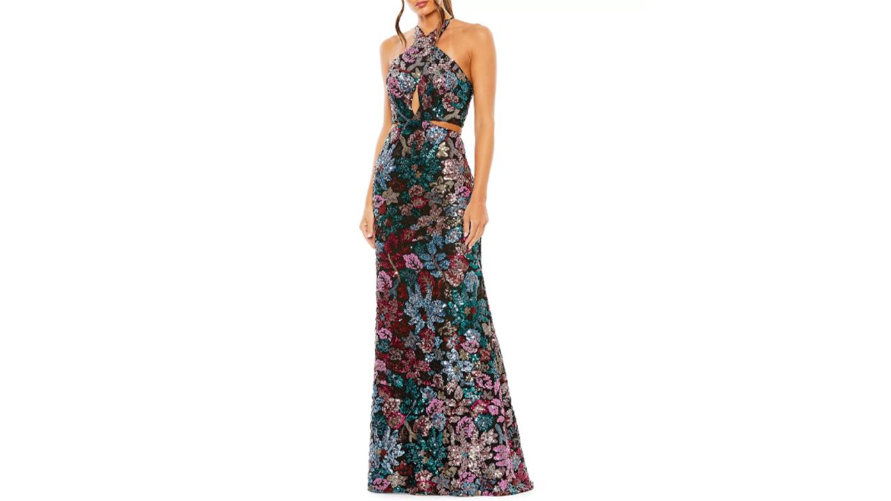 Mac Duggal Floral Sequined Cut-Out Halter Gown