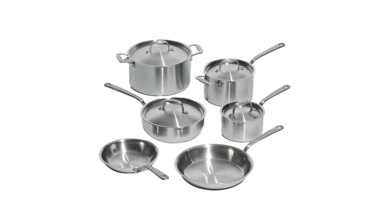 Six pots and pans part of a cookware set.