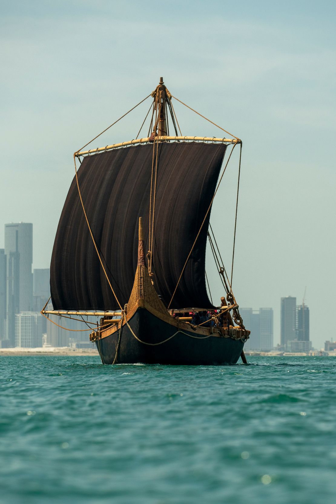 A crew of more than 20 was required to hoist the heavy goat hair sail and rigging since the ship has no pulley systems aboard and it was built only with technology available during the Bronze Age.