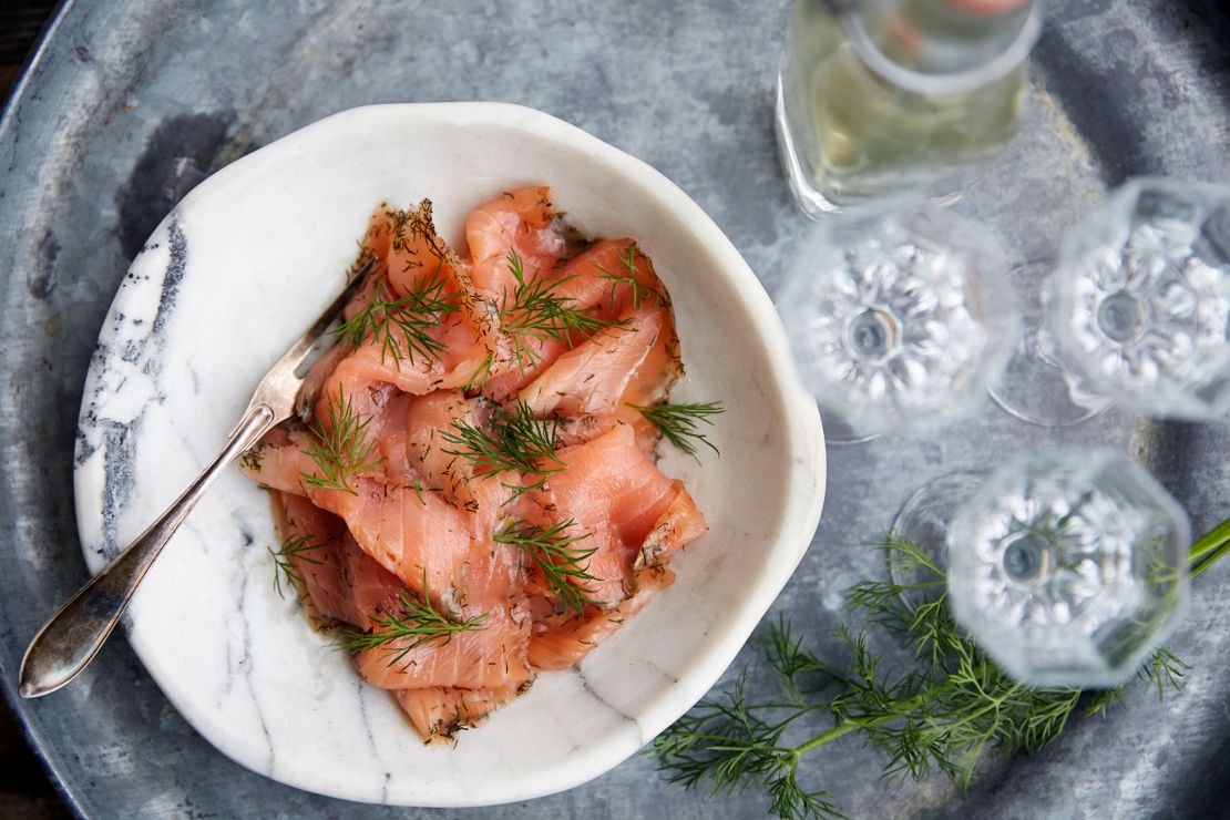 Gravlax, or salmon cured in salt, sugar and dill, is often served as a festive treat.