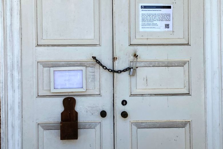 The padlocked door to the visitors' center at Manassas National Battlefield Park on Friday.