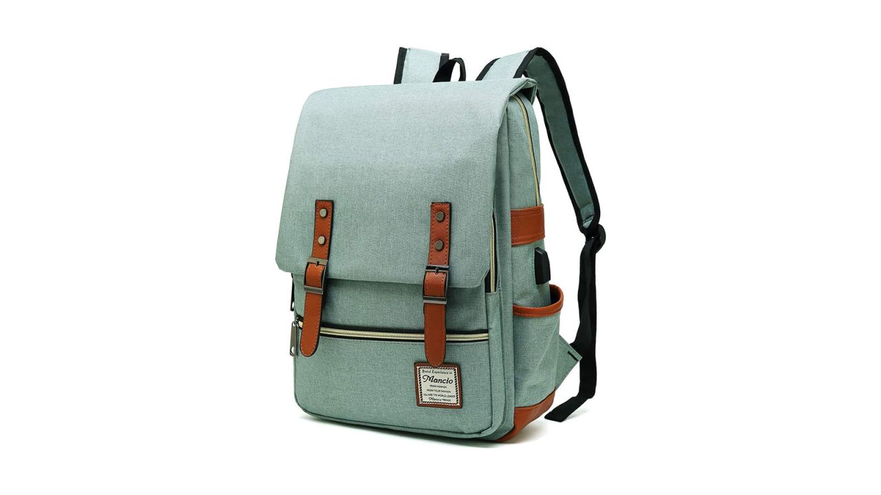 Grüner Laptop-Rucksack mit hellbraunen Riemenakzenten.