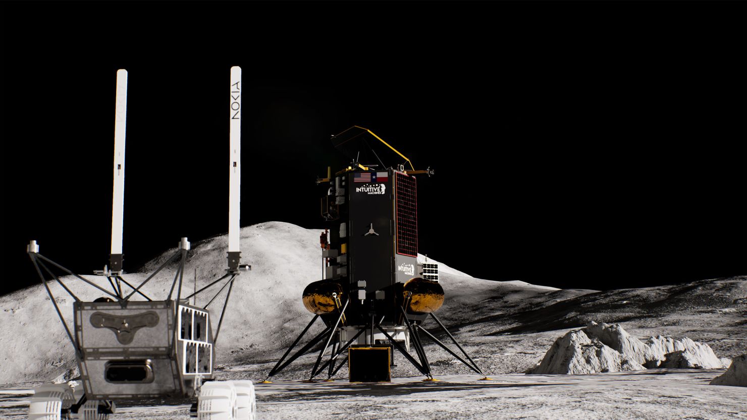 An artist rendering of the Lunar Outpost rover, with Nokia antennas extended, on the Moon, a vision of Nokia and NASA's mission to put a 4G cellular network on the lunar surface.