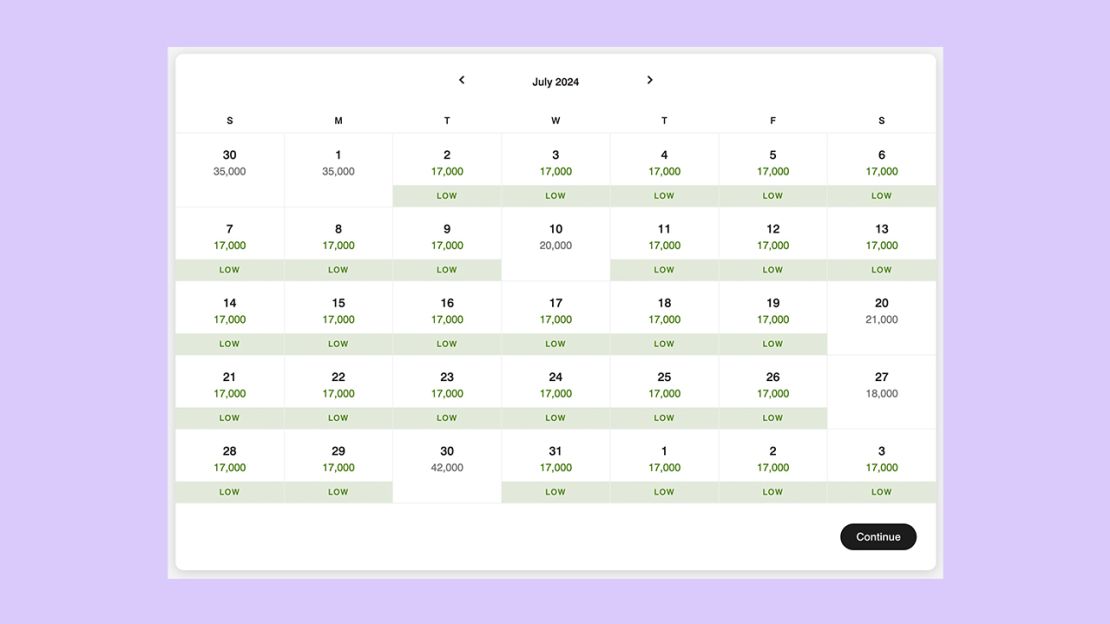 A screenshot of the Marriott award pricing calendar for a hotel stay in Orlando in July 2024