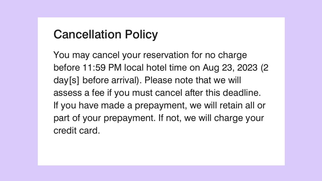A screen shot of the Marriott Bonvoy cancellation policy for an example stay