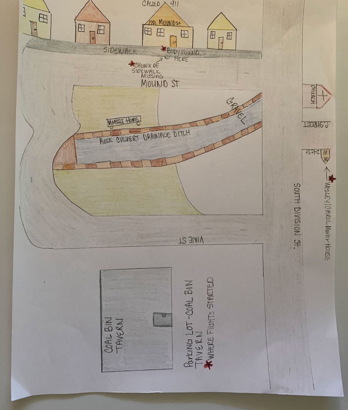 Angela Williams drew this map of the neighborhood where their father was killed.