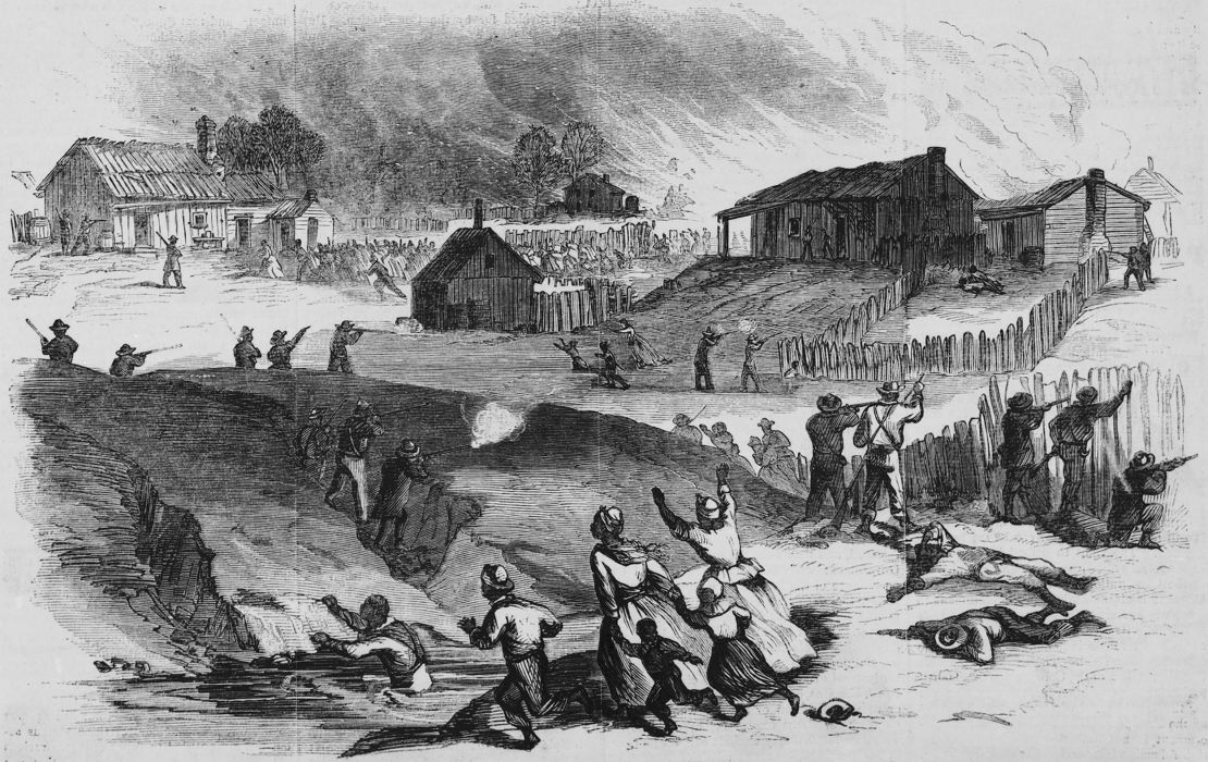 Memphis, Tennessee, during the riot on the morning of May 2, 1866, is illustrated.