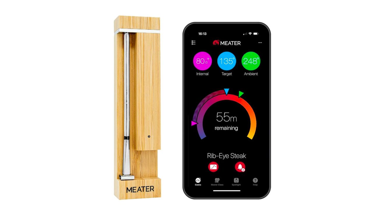 Meater 2 Smart Thermometer next to smartphone