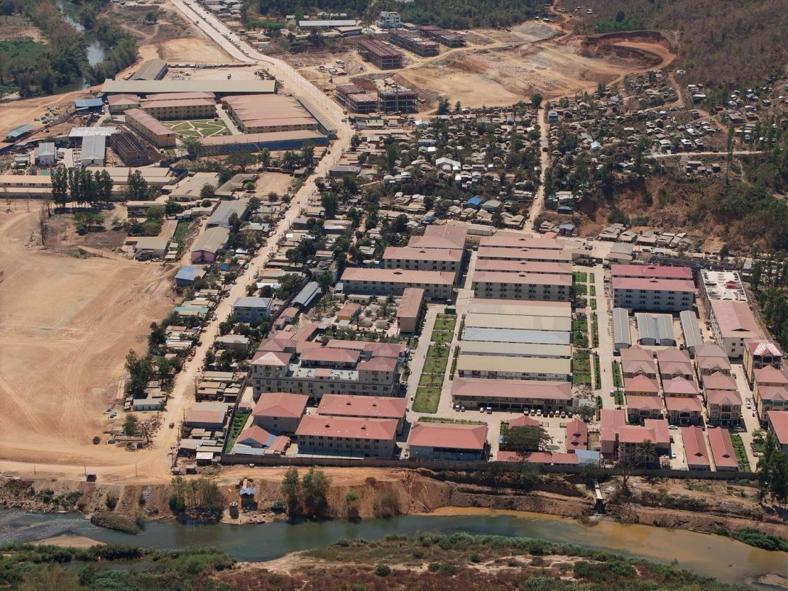 This aerial view of scam compound buildings in Myanmar was taken from the Phop Phra district in Thailand last month. The Moei River divides Thailand and Myanmar.