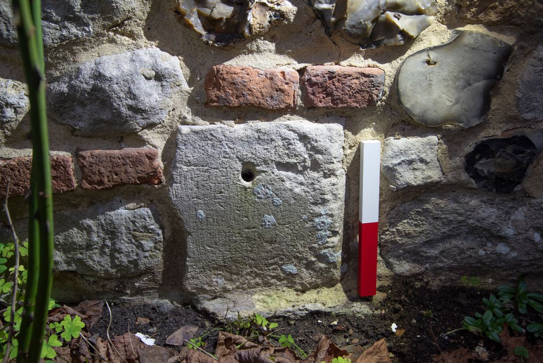 Shown here is a medieval sundial that was found built into the upstanding house. Sundials are regularly found in churches dating to the late Anglo-Saxon and early Norman periods.