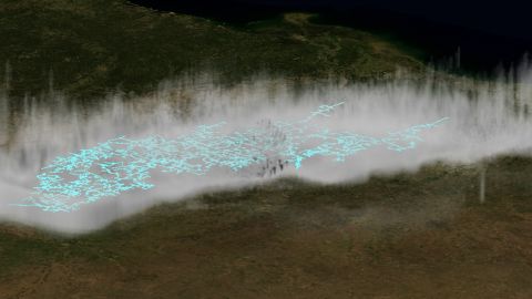 A still image taken from a visualization of a megaflash that extended 515 miles, roughly the distance from Dallas, Texas to Kansas City, Mo. The flash now holds the record as the longest lightning discharge ever recorded. The visualization was created from data provided by NASA and the National Oceanic and Atmospheric Administration (NOAA).