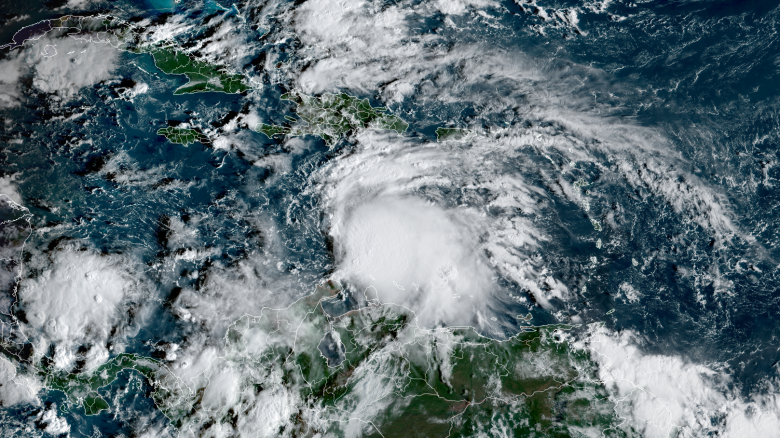 Tropical Storm Melissa churns in the Caribbean Sea on Tuesday morning.
