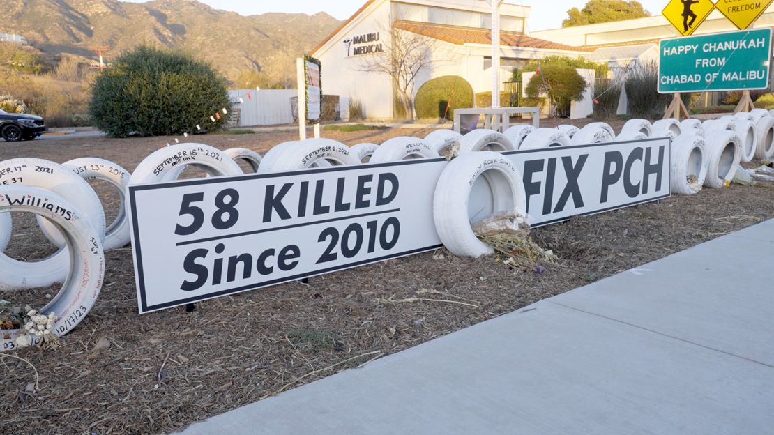 A memorial on the Pacific Coast Highway includes white tires to mark the 58 people killed in Malibu on the iconic road since 2010.