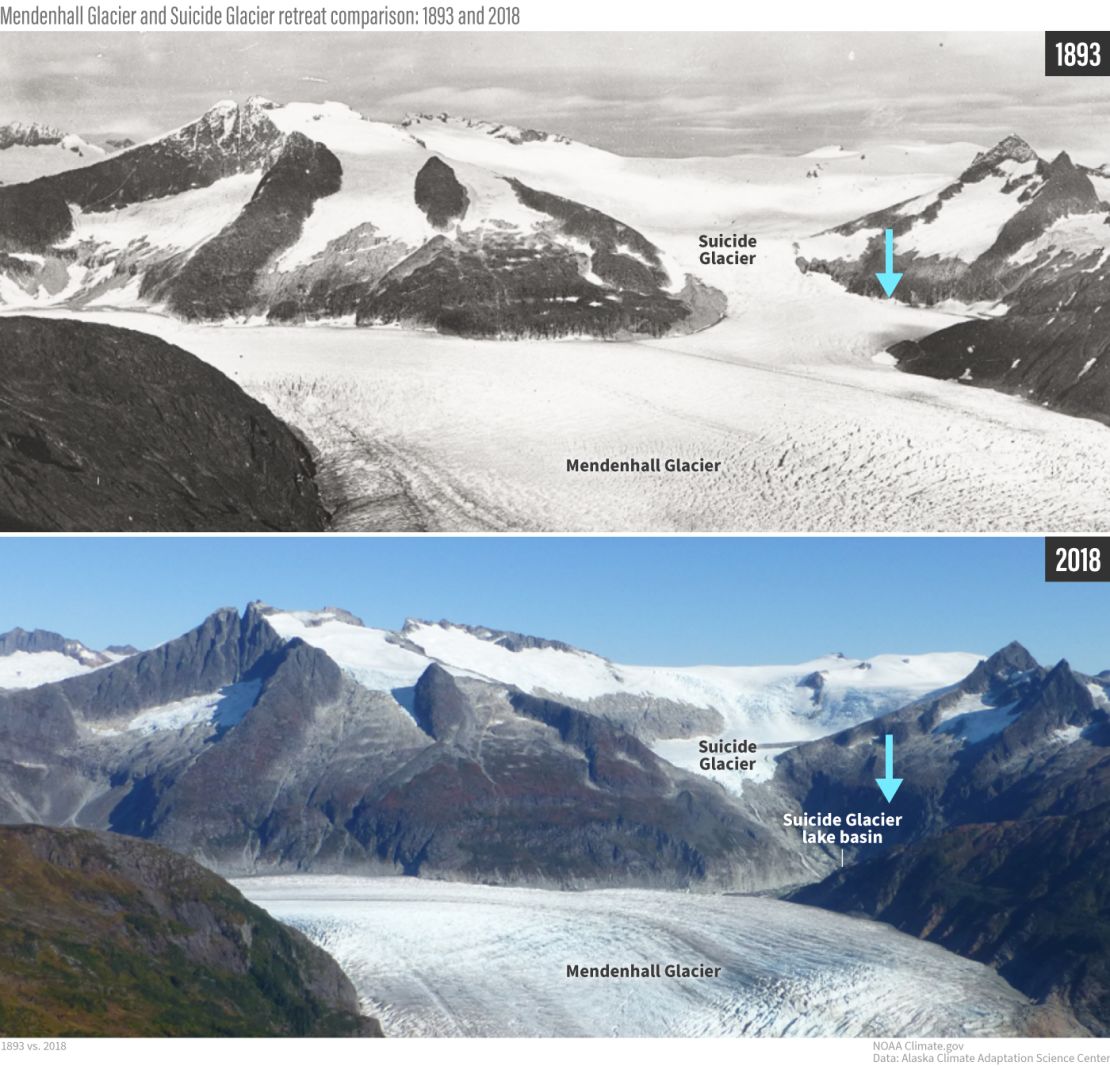 Rising temperatures have severely reduced the expanse of the Mendenhall and Suicide glaciers, creating the annual glacial lake outbreak hazard as ice gets replaced by liquid water.