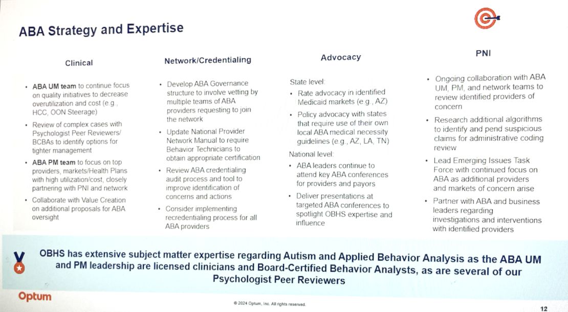 Internal company documents reveal Optum’s strategy for managing its ABA coverage.