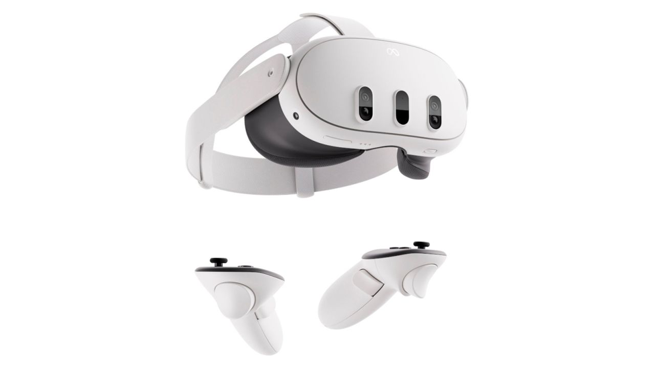 A white virtual reality headset and two controllers against a white background.