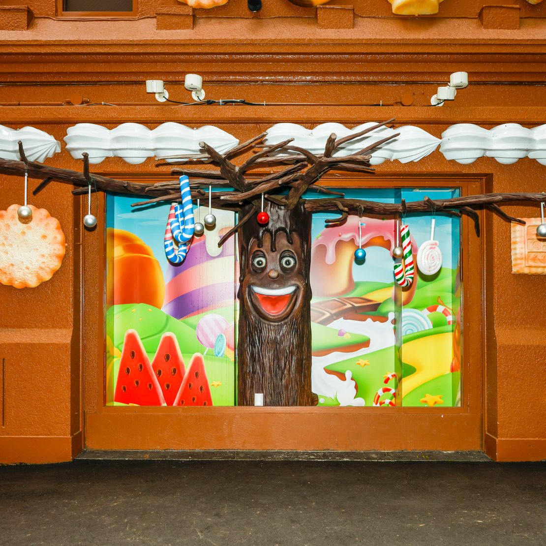 Many of the buildings feature playful decorations to catch potential customers' attention.