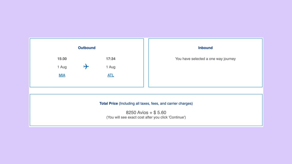 A screenshot of a British Airways award flight from Miami to Atlanta