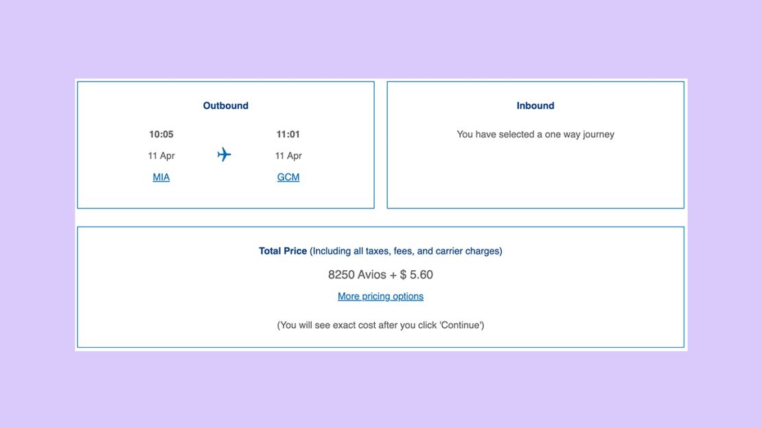 A screenshot of a British Airways award flight from Miami to Grand Cayman