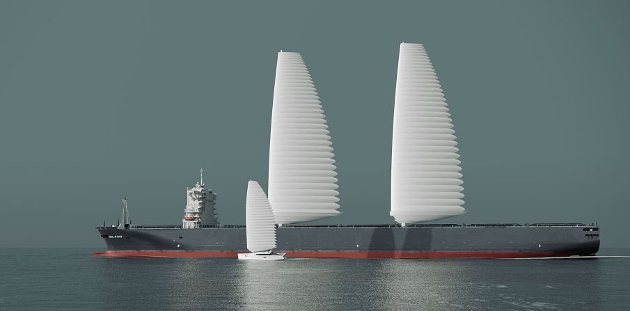 In 2021, tire manufacturer Michelin released a design for giant inflatable sails, shown here in a rendering, that can be fitted to existing cargo ships, and inflate or deflate at the push of a button -- making it easy for the ship to enter a harbor or pass under a bridge.