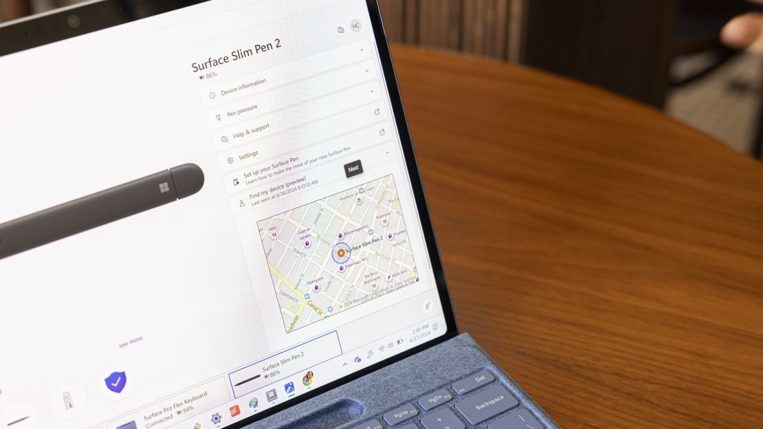 在 Surface Pro 2024 上，Surface Slim Pen 2 的“查找我的设备”地图特写