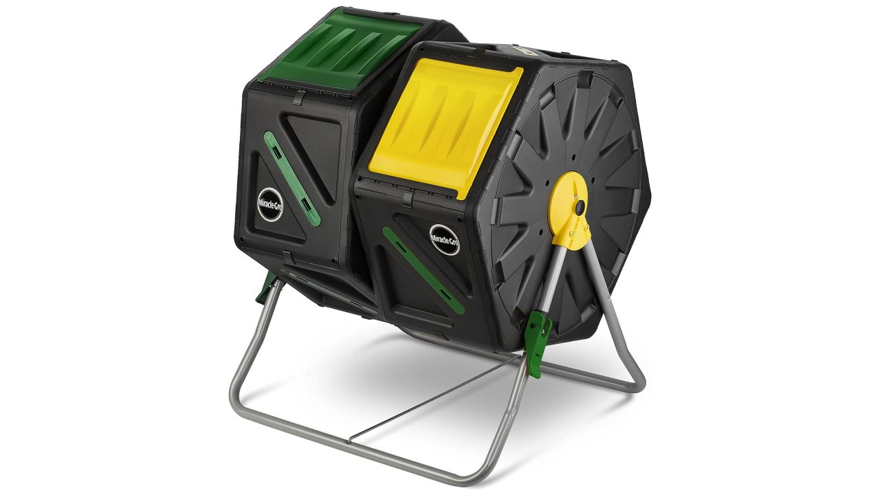 Green, yellow and black Miracle-gro dual chamber compost tumbler
