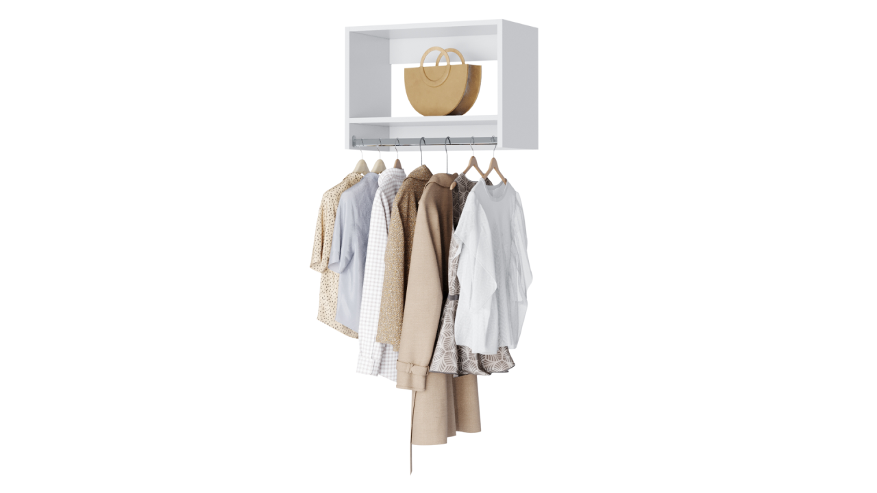 Modular Closets hanging shelf system with one-tier top shelf and bar for hanging clothes below.