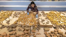 MOLA specialist Han Li reconstructing the wall plaster ©MOLA (Museum of London Archaeology)