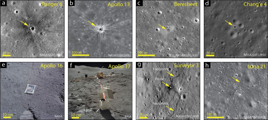 Humanity has left its mark on the moon in many ways, including impact craters left by spacecraft, lunar rover tracks, astronaut bootprints, science experiments and even family photos brought by astronauts.