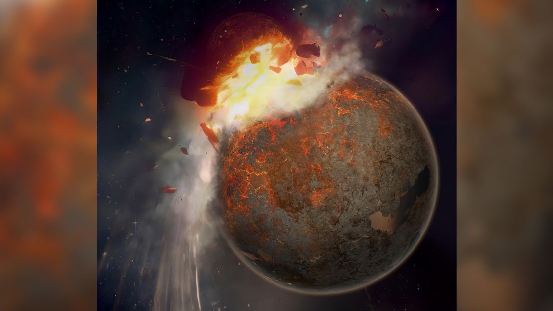 This rendering shows Theia colliding with the early Earth. The combination of high-resolution giant impact and mantle convection simulations, mineral physics calculations, and seismic imaging suggests that the lower half of Earth’s mantle remained mostly solid after this impact, and that parts of Theia’s iron-rich mantle sank and accumulated atop Earth's core nearly 4.5 billion years ago, surviving there throughout Earth’s history.
