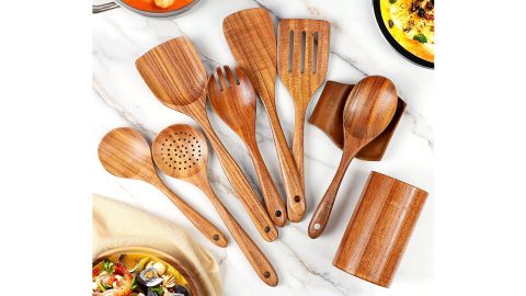 Mooues wooden utensils for cooking with utensil holder