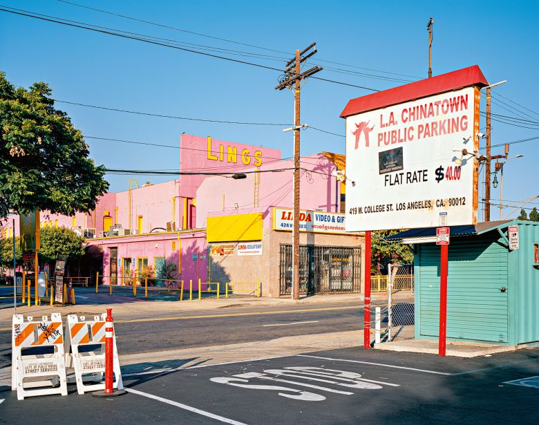 Pastel shades seen from a parking lot in Los Angeles' Chinatown.
