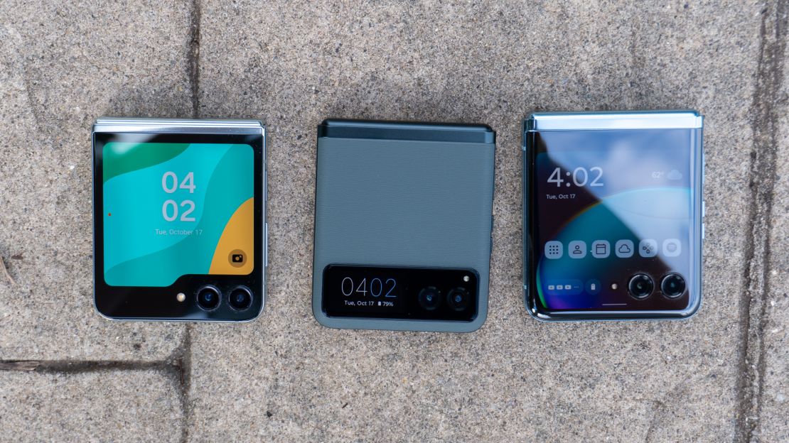 Left to right: Samsung Galaxy Z Flip 5, Motorola Razr, Motorola Razr+