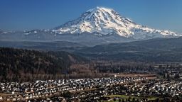 Mount Rainier volcano looms over Puyallup Valley, near Orting, Washington.